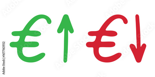 Hand drawn euro currency symbol Growth and fall profit with arrow up and down Brush stroke doodle Element for design