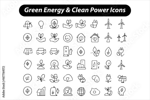 Green Energy & Clean Power Icons – Renewable, Ecology, and Electricity Vector Set