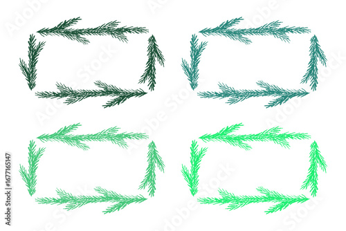 Set of hand drawn Christmas decoration border with spruce branches. Wreath doodle. Christmas, winter and New Year design element