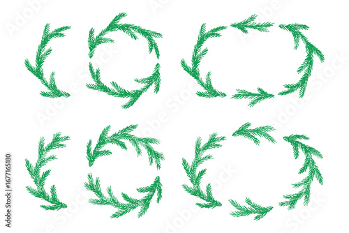 Set of hand drawn Christmas decoration border with spruce branches. Wreath doodle. Christmas, winter and New Year design element