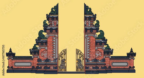 Detailed Line Art Balinese Gate Architecture Symbol of Bali Island