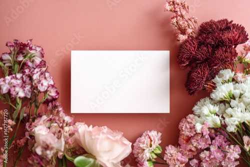 Blank white card surrounded by soft pink and burgundy flowers on a blush pink background