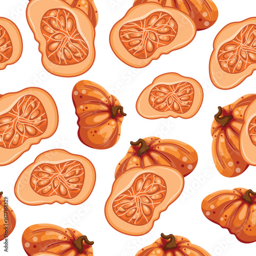 seamless pattern with bright orange round pumpkins hiding behind halves of a cut pumpkin with white seeds inside, for autumn designs or patterns and packaging