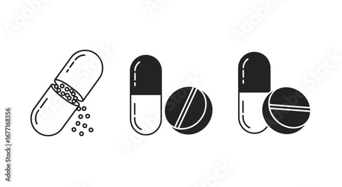 Vector illustration of set of medicine capsule and pill icons