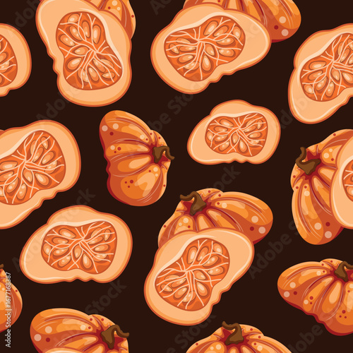 seamless pattern with bright orange round pumpkins hiding behind halves of a cut pumpkin with white seeds inside on a brown background, for autumn designs or patterns and packaging