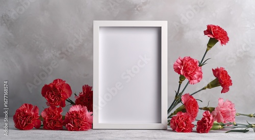 A white picture frame with pink carnations