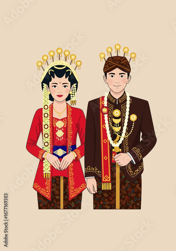 Beautiful Javanese Couple with Traditional Wedding Attire Illustration