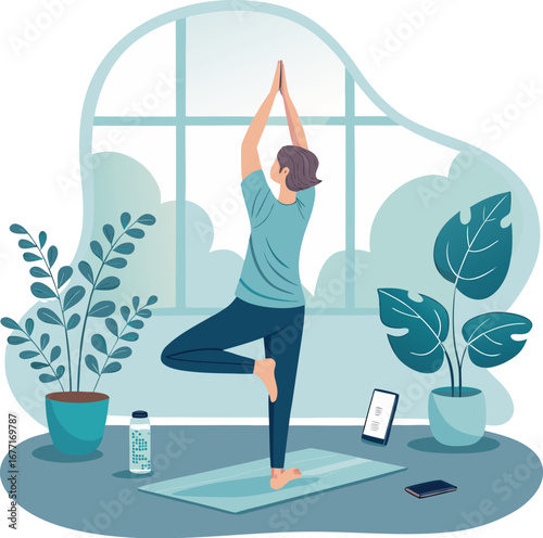 Vector art of woman practicing yoga tree pose at home for wellness and relaxation, surrounded by plants and modern decor in a peaceful indoor setting