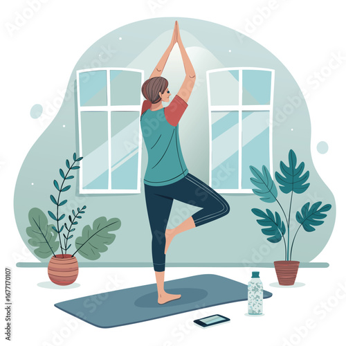 Vector art of woman practicing yoga tree pose at home for wellness and relaxation, surrounded by plants and modern decor in a peaceful indoor setting