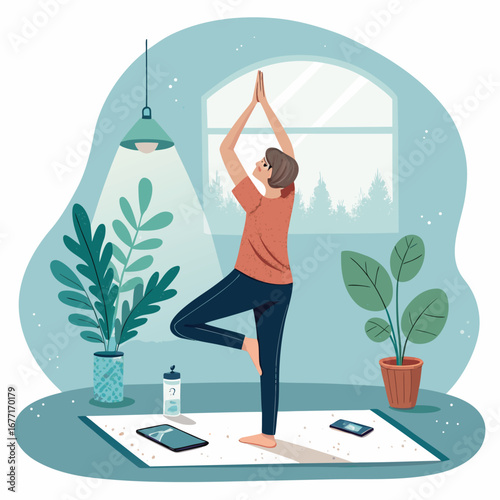 Vector art of woman practicing yoga tree pose at home for wellness and relaxation, surrounded by plants and modern decor in a peaceful indoor setting