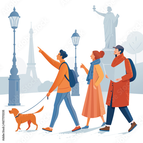 Vector art of tourists with dog exploring paris landmarks like the eiffel tower, using map and enjoying urban tourism, vector illustration