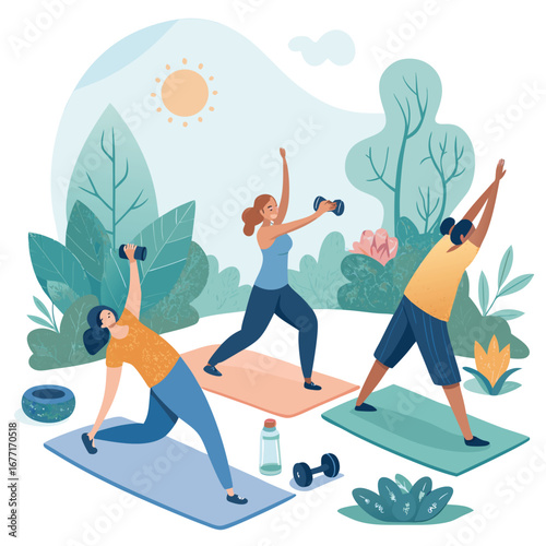 Vector art of women doing yoga and fitness exercises with dumbbells outdoor in the park, healthy lifestyle and wellness concept, vector illustration