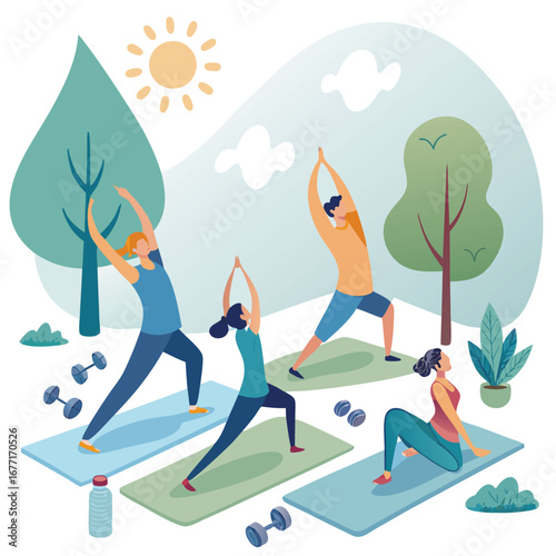Vector art of people doing yoga and fitness exercises outdoor in the park, healthy lifestyle and wellness concept, vector illustration