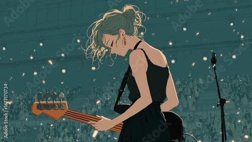 A bass guitar player on stage in front of a crowd of people