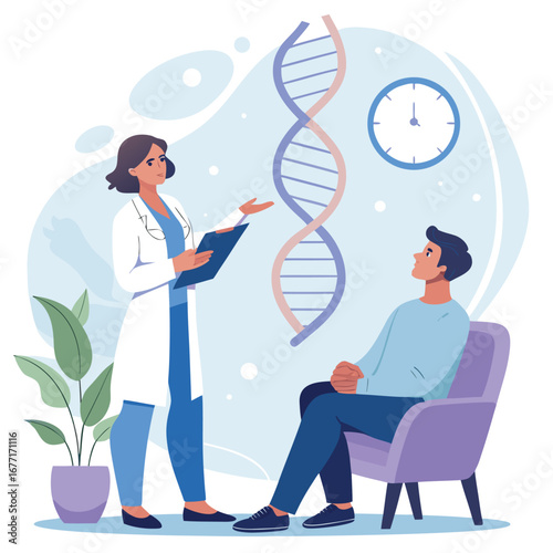 Vector art of a doctor explains dna structure to a patient, discussing genetic health and potential treatments, with a clock in the background