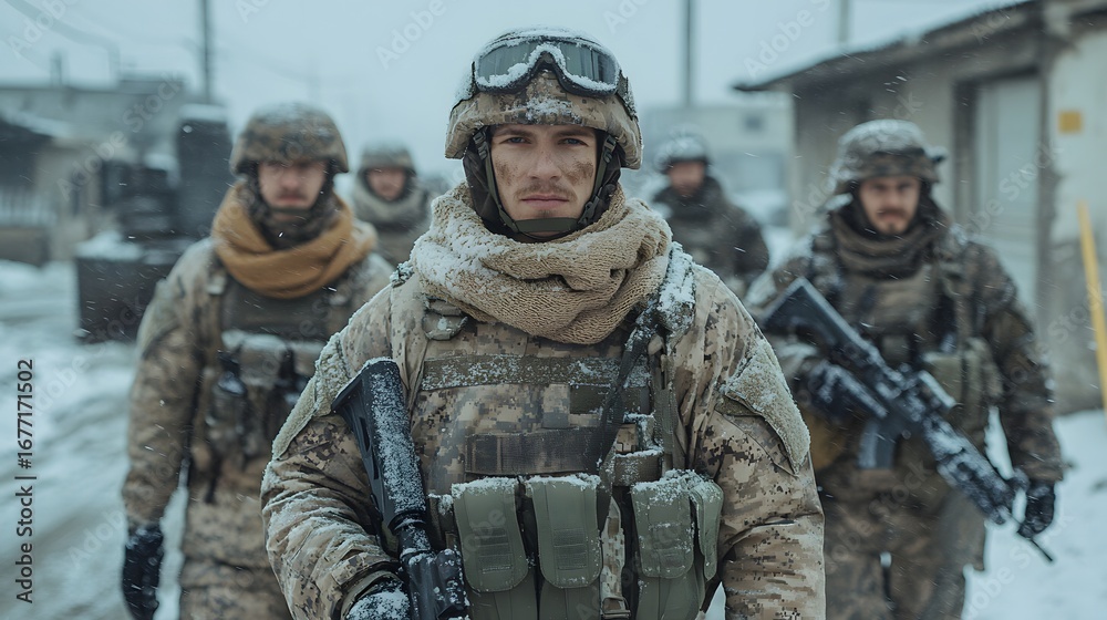 Fototapeta premium Special forces squad in snow combat, fully equipped soldiers tactical winter march, realistic snowy military training scene, 3D rendered extreme cold zone operation