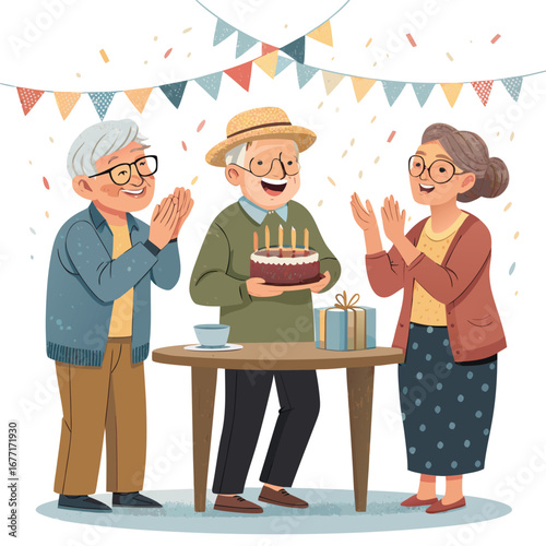 Vector art of an elderly man celebrates his birthday with his friends, they are standing around a table with a cake and a gift