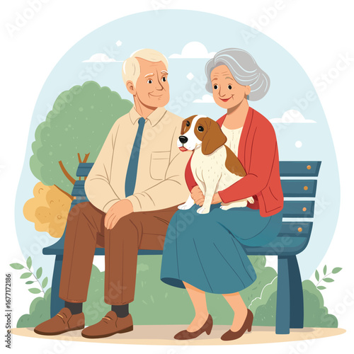 Vector art of senior couple sitting on a bench in the park with their beagle dog, enjoying a sunny day and each others company in retirement