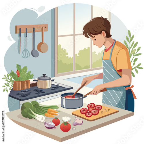 Vector art of a young man is cooking a healthy meal in the kitchen, stirring a pot on the stove, with fresh vegetables and ingredients on the table