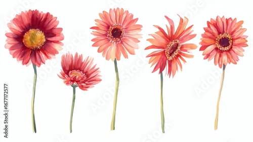 Fototapeta Naklejka Na Ścianę i Meble -  A collection of five watercolor flowers in shades of red and orange, featuring different styles and sizes, with green stems