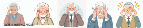 Hand Drawn Style Senior Man with Headache and Stress Illustration Set