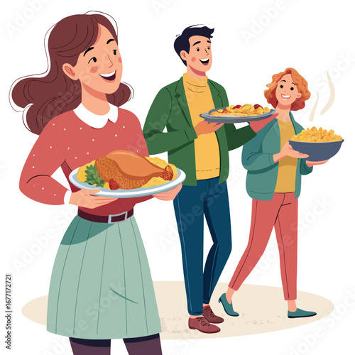 Vector art of happy family celebrating thanksgiving, carrying plates of delicious food, enjoying a festive dinner together in a warm and cozy home