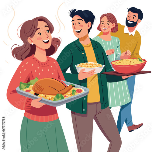Vector art of a group of happy people celebrating thanksgiving with a delicious turkey dinner, sharing food and enjoying the holiday