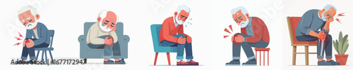 Cartoon Senior Man Suffering from Knee Pain Aches Illustration Set