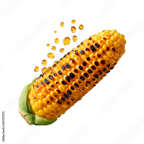 Juicy Grilled Corn Cob with Butter Drips and Charred Texture, Realistic Summer Barbecue Vegetable Isolated on Transparent Background