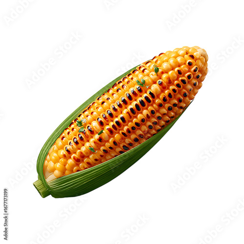 Ultra-Realistic Grilled Corn on the Cob with Charred Grill Marks and Melted Butter Drops, Isolated Food Detail on Transparent Background