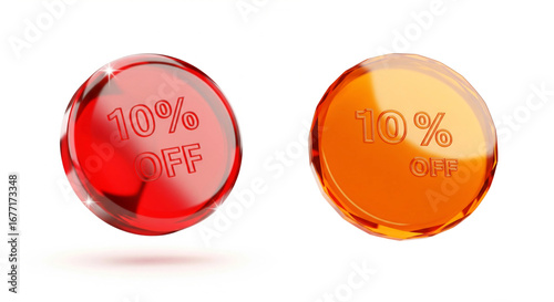 High-resolution 3D render of a glossy red and orange discount sticker with 10 percent off text for promotional sales con shaped like a floating crystal token