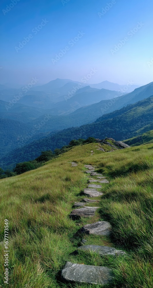 Fototapeta premium Mountain path through grassy meadow, with misty mountainscape background