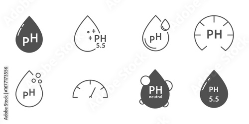 Ph icon, line simple set. Neutral balance skin, thin line web symbol. Drop with PH symbol. certified, tested products for skin, hair and food. Healthcare cosmetic natural 