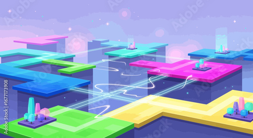 Isometric Floating Island Platform Network with Crystal Scenery Digital Art