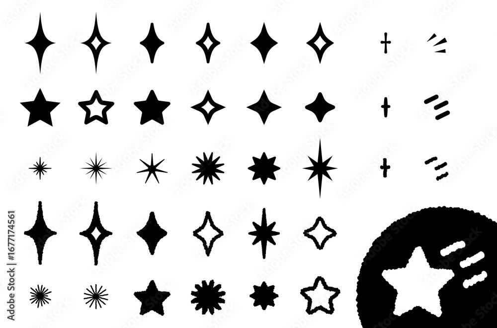 Fototapeta premium キラキラと光る星のパーツのモノクロイラストセット