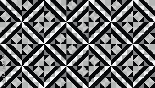 Seamless black and white geometric pattern with diamond shapes and optical illusion effect