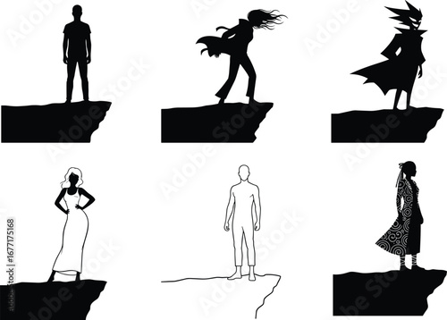 Silhouettes of powerful individuals standing on a cliff, dynamic poses, strong personalities, dramatic figures, silhouette art, heroic stance, bold attitude, confident figures in nature.