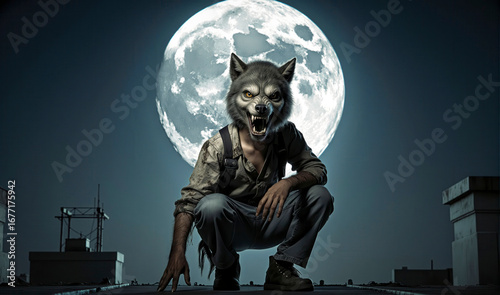 Hombre lobo sentado frente a la luna llena en atmósfera oscura y fantástica