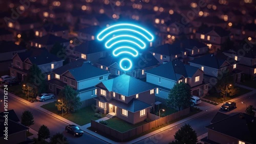 A glowing blue wifi symbol hovers over a residential house in a suburban neighborhood at night, representing a concept of smart home, internet connectivity, and modern technology
