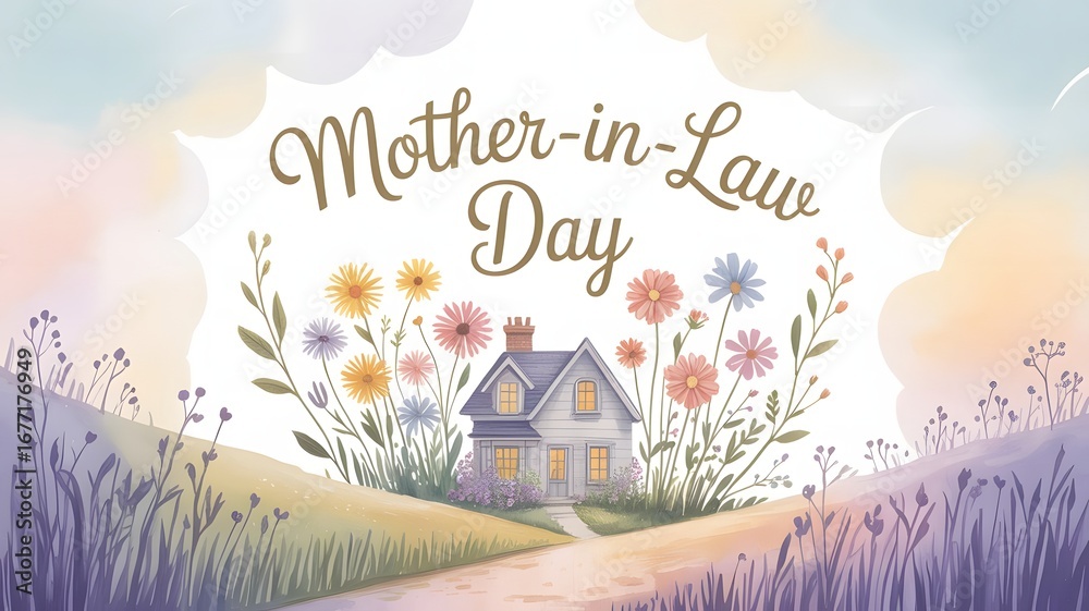 Naklejka premium October Mother-in-Law Day Poster – Celebrate with Floral Greeting, Teacup Art, Appreciation Message, Gift Print for Kind and Supportive MIL