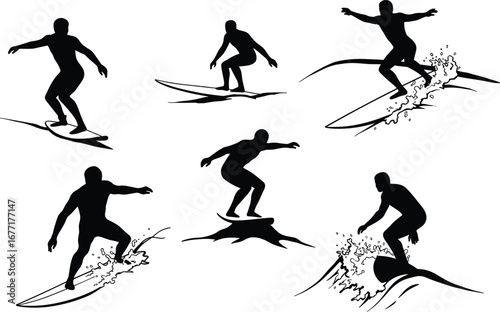 Silhouettes of Surfer Riding Waves, Dynamic Water Sports, Surfing Action, Surfer Silhouettes, Surfboard Tricks, Water Splash, Ocean Fun