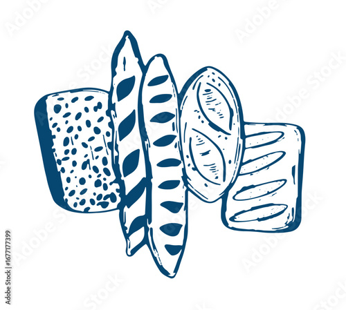 Windmill and fresh bakery products. homemade baking. bakery products. vector sketch on white