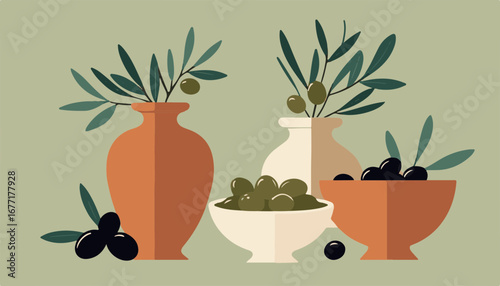 Illustration of Mediterranean vases and bowls with olives