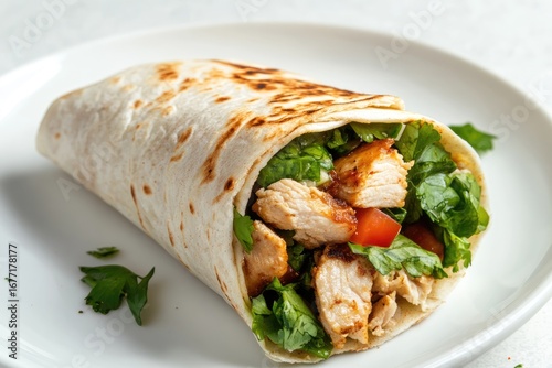 Enjoy delicious chicken burrito wrap with fresh greens and tomatoes for a quick lunch or dinner meal