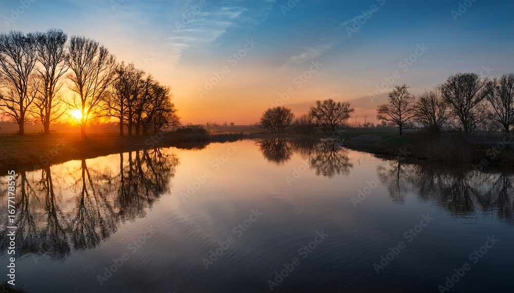 Obraz premium tranquil river landscape at sunset with reflections and silhouetted trees on the water