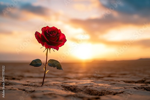Stunning red rose blooming in arid desert landscape against dreamy sunset sky, a symbol of hope