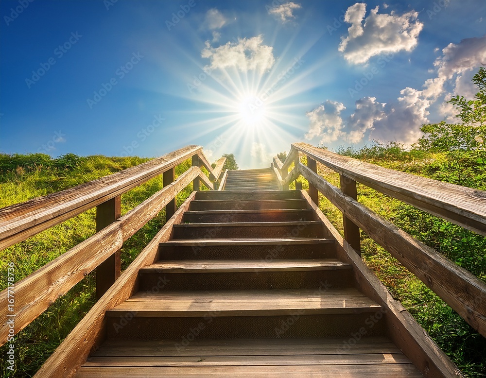 Fototapeta premium sunlight bathes a wooden staircase ascending into a bright sky summer upward
