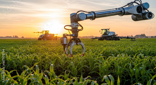 Innovative robotic arm tending crops in a field, showcasing modern agricultural technology and automation on a bright and fertile day
