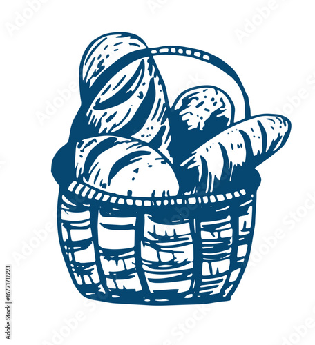 Windmill and fresh bakery products. homemade baking. bakery products. vector sketch on white