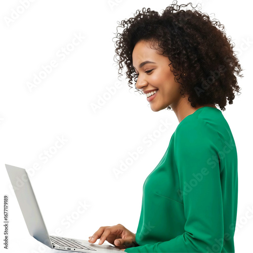 Smiling african american woman using laptop computer isolated on transparent background